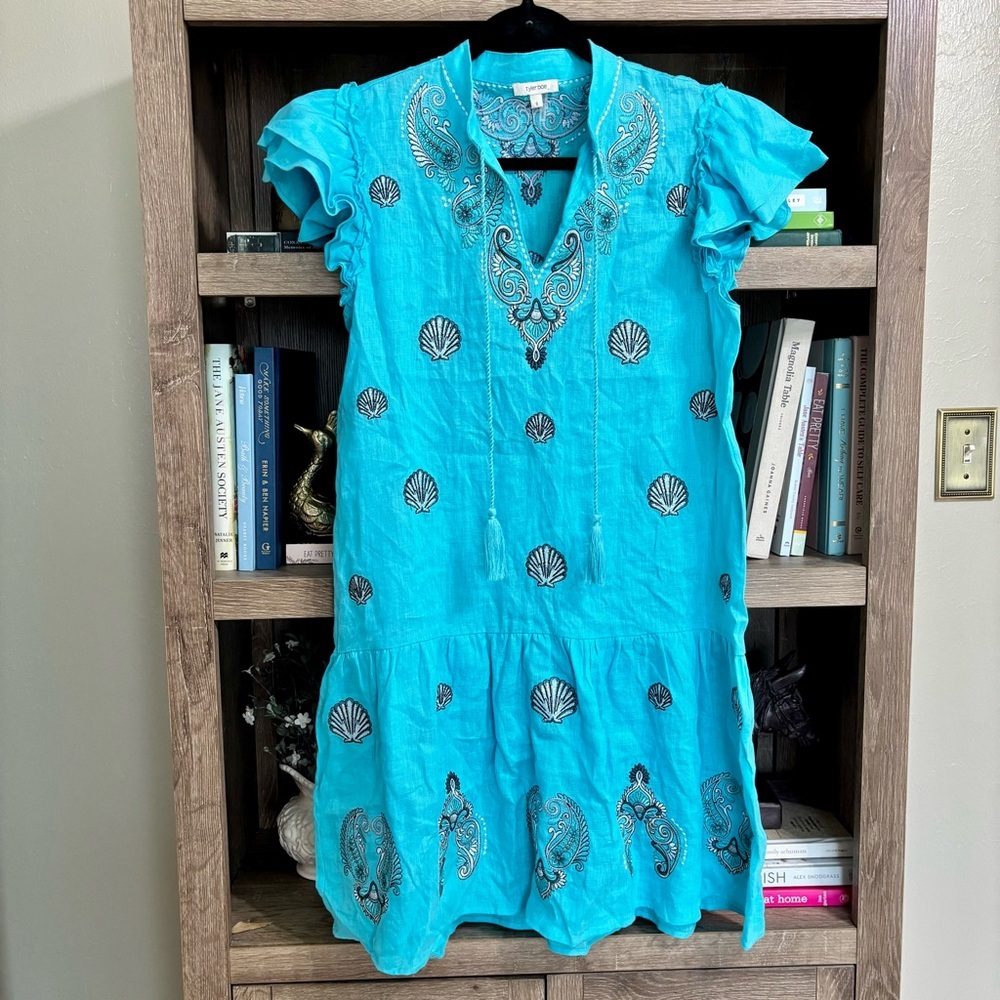 {Tyler Boe} Aimee Linen Mandarin Collar Cap Sleeve Embroidered Dress, Size S